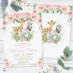 Chic Pink Floral Jungle Animals Baby Shower Invitation Bundle Editable Templates - Diaper Raffle Books for Baby Thank You Card - Digital Printable Files - Instant Download - JA6