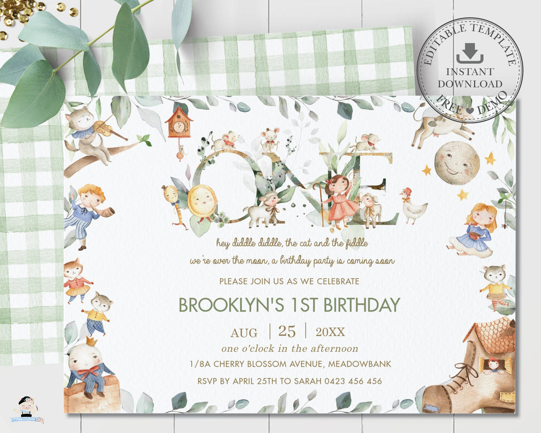 Cute Nursery Rhyme 1st Birthday Invitation Editable Template - Digital Printable File - Instant Download - NR1
