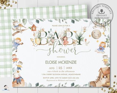 Cute Nursery Rhyme Baby Shower Invitation Editable Template - Digital Printable File - Instant Download - NR1