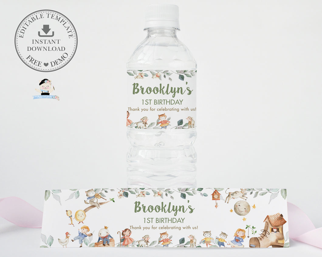 Chic Nursery Rhyme Greenery Water Bottle Labels - Editable Template - Digital Printable File - Instant Download - NR1