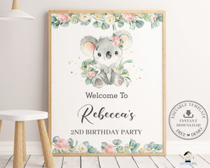 Cute Koala Floral Greenery Welcome Sign Editable Template - Instant Download - Digital Printable File - AU2