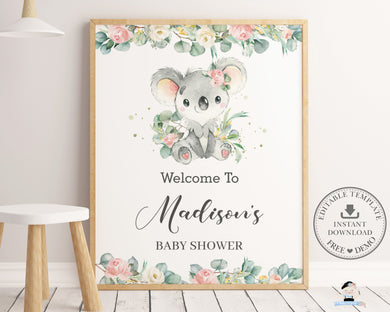 Cute Koala Floral Greenery Welcome Sign Editable Template - Instant Download - Digital Printable File - AU2