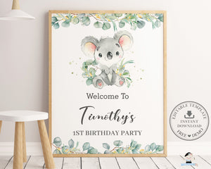 Cute Koala Greenery Welcome Sign Editable Template - Instant Download - Digital Printable File - AU2