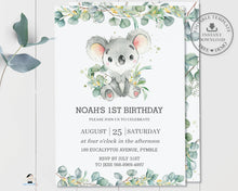 Load image into Gallery viewer, Cute Koala Eucalyptus Greenery Birthday Invitation Editable Template - Instant Download - Digital Printable File - AU2
