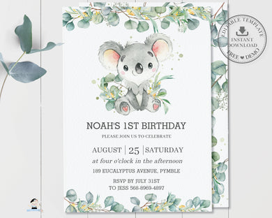 Cute Koala Eucalyptus Greenery Birthday Invitation Editable Template - Instant Download - Digital Printable File - AU2