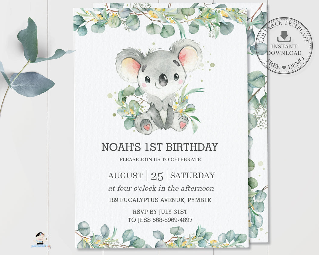 Cute Koala Eucalyptus Greenery Birthday Invitation Editable Template - Instant Download - Digital Printable File - AU2