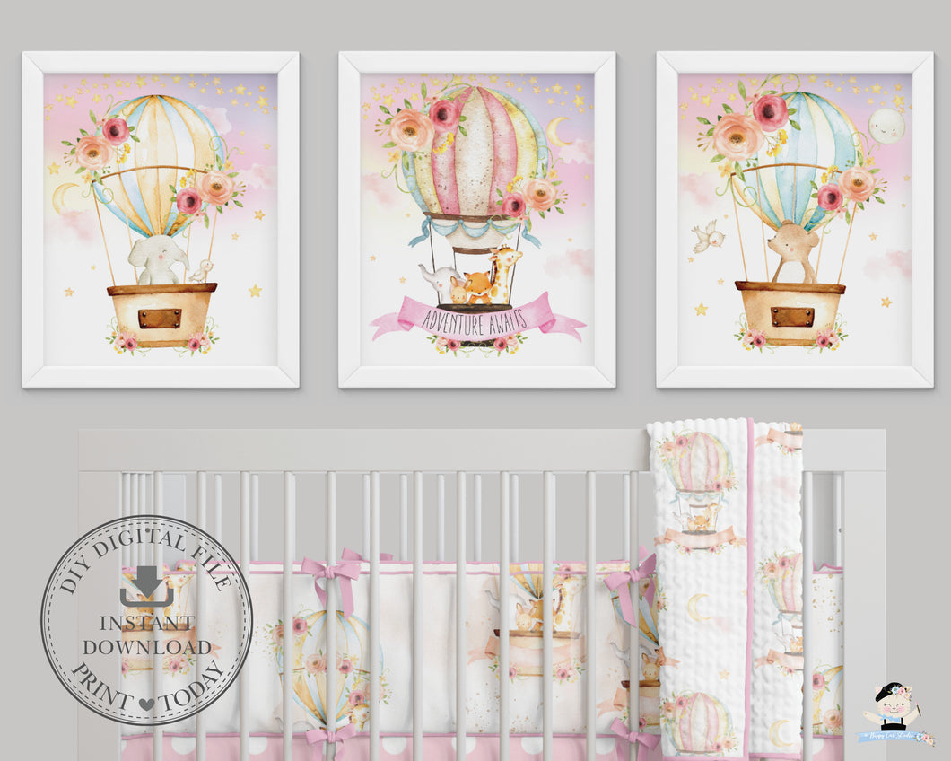 Set of 3 Whimsical Pink Floral Girl Hot Air Balloon Baby Animals Nursery Wall Art - 16