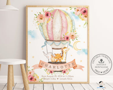 Whimsical Blush Floral Hot Air Balloon Baby Animals Birth Stats - Editable Template - Instant Download - HB7