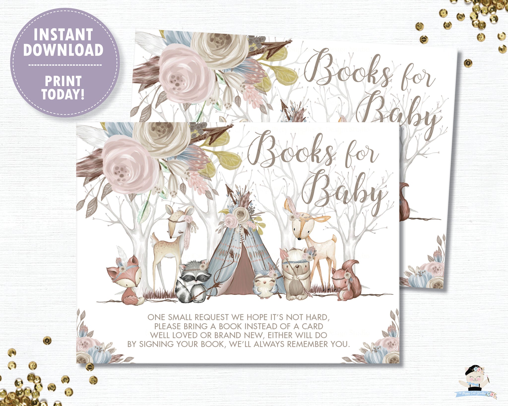 Whimsical Woodland Animals Baby Girl Shower Bring a Book instead