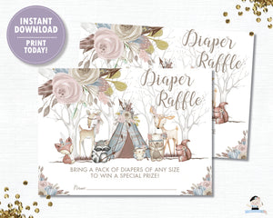 Whimsical Woodland Animals Baby Girl Shower Diaper Raffle Tickets Inserts - Digital Printable File - Instant Download - WA1