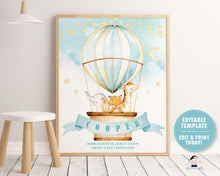 Load image into Gallery viewer, whimsical hot air balloon baby animals name and birth stats nursery wall art decor for baby boy editable template