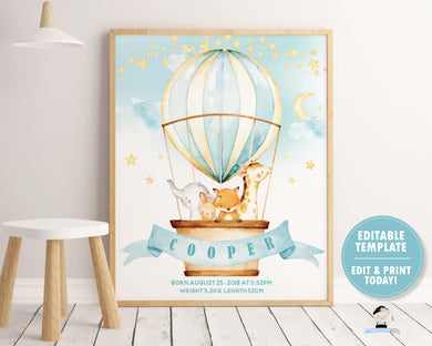 whimsical hot air balloon baby animals name and birth stats nursery wall art decor for baby boy editable template