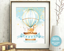 Load image into Gallery viewer, Whimsical watercolour cute jungle animals in a hot air balloon birth stats nursery wall art editable template 