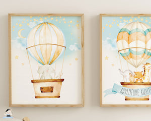 whimsical baby animals hot air balloon watercolour nursery kids room decor wall art instant download