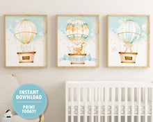 Load image into Gallery viewer, whimsical hot air balloon baby animals nursery wall art instant download files