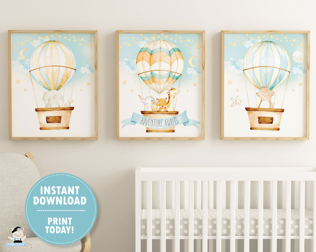 whimsical hot air balloon baby animals nursery wall art instant download files