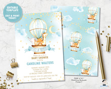 Load image into Gallery viewer, Whimsical cute baby animals in a turquoise hot air balloon baby shower invitation editable template for baby boy