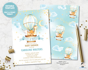 Whimsical cute baby animals in a turquoise hot air balloon baby shower invitation editable template for baby boy