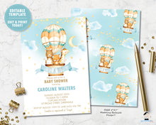 Load image into Gallery viewer, watercolor adorable baby jungle animals riding in a hot air balloon baby boy shower invitation editable template