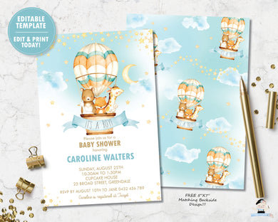 watercolor adorable baby jungle animals riding in a hot air balloon baby boy shower invitation editable template