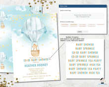 Load image into Gallery viewer, whimsical little bear in a hot air balloon baby boy shower invitation digital editable template