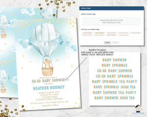 whimsical little bear in a hot air balloon baby boy shower invitation digital editable template