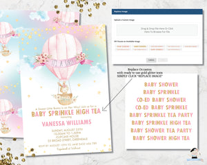hot air balloon baby bunny baby shower sprinkle invitation editable template digital printable