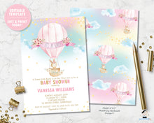 Load image into Gallery viewer, little bunny riding in a floral adorned hot air balloon with a pretty rainbow sky baby girl shower invitation editable template 