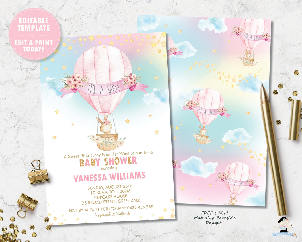 little bunny riding in a floral adorned hot air balloon with a pretty rainbow sky baby girl shower invitation editable template 