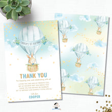 Load image into Gallery viewer, Cute Bunny Hot Air Balloon Blue Thank You Card Editable Template Instant Download HB6