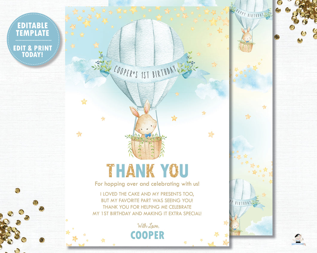 Cute Bunny Hot Air Balloon Blue Thank You Card Editable Template Instant Download HB6