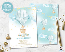Load image into Gallery viewer, whimsical teddy bear hot air balloon baby boy shower personalized invitation digital printable editable template