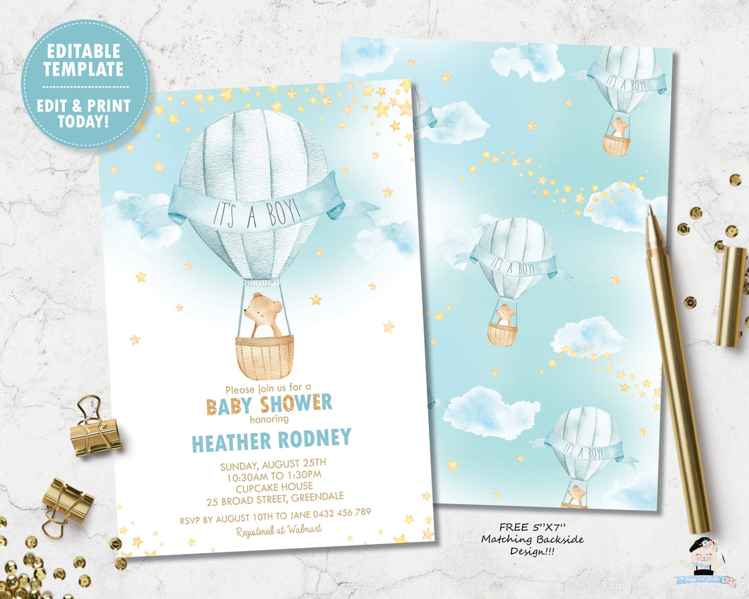 whimsical teddy bear hot air balloon baby boy shower personalized invitation digital printable editable template