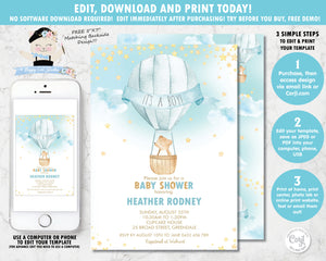whimsical hot air balloon baby boy shower invitation digital editable template instant download file