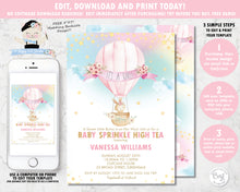 Load image into Gallery viewer, whimsical baby bunny in a floral adorned hot air balloon and rainbow sky baby shower girl invitation editable template printable file