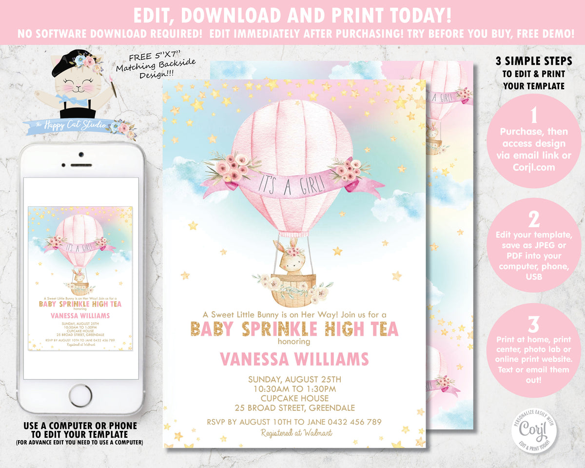 Whimsical Hot Air Balloon Little Bunny Baby Girl Shower Invitation - I ...