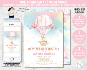 whimsical baby bunny in a floral adorned hot air balloon and rainbow sky baby shower girl invitation editable template printable file