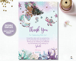 Whimsical Brown Skin African American Mermaid Birthday Party Thank You Card - Instant EDITABLE TEMPLATE Digital Printable File- MT2