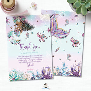 Whimsical Brown Skin African American Mermaid Birthday Party Thank You Card - Instant EDITABLE TEMPLATE Digital Printable File- MT2