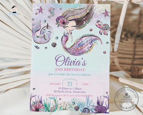 Cute Little Mermaid Birthday Invitation Printable, EDITABLE TEMPLATE, Brunette Hair Mermaid Pool Party Under the Sea Invite Ocean, INSTANT Download, MT2