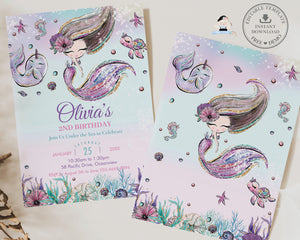 Cute Little Mermaid Birthday Invitation Printable, EDITABLE TEMPLATE, Brunette Hair Mermaid Pool Party Under the Sea Invite Ocean, INSTANT Download, MT2