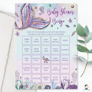 Whimsical Mermaid Pre-Filled Bingo Game Baby Shower Activity - Instant Download - Digital Printable File - MT2