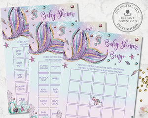 Whimsical Mermaid Pre-Filled Bingo Game Baby Shower Activity - Instant Download - Digital Printable File - MT2