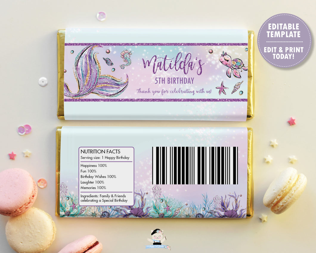 Mermaid Tail Under the Sea Chocolate Bar Wrapper for Aldi and Hershey's Chocolate Bars - EDITABLE TEMPLATE - Digital Printable File - Instant Download - MT2