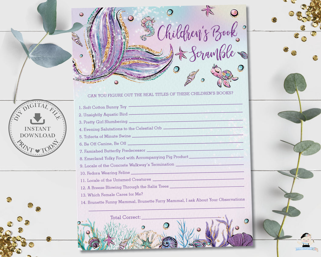 Whimsical Mermaid Tail Children's Book Scramble Baby Shower Game Activity - Instant Download - Digital Printable File - MT2