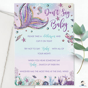 Mermaid Don't Say Baby Sign Baby Shower Activity - Instant Download - Digital Printable File - MT2
