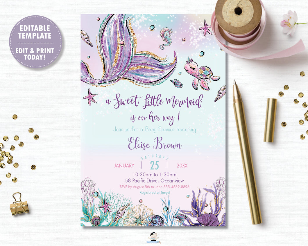 Whimsical Mermaid Tail Under the Sea Baby Shower Invitation Editable Template - Instant Download - MT2