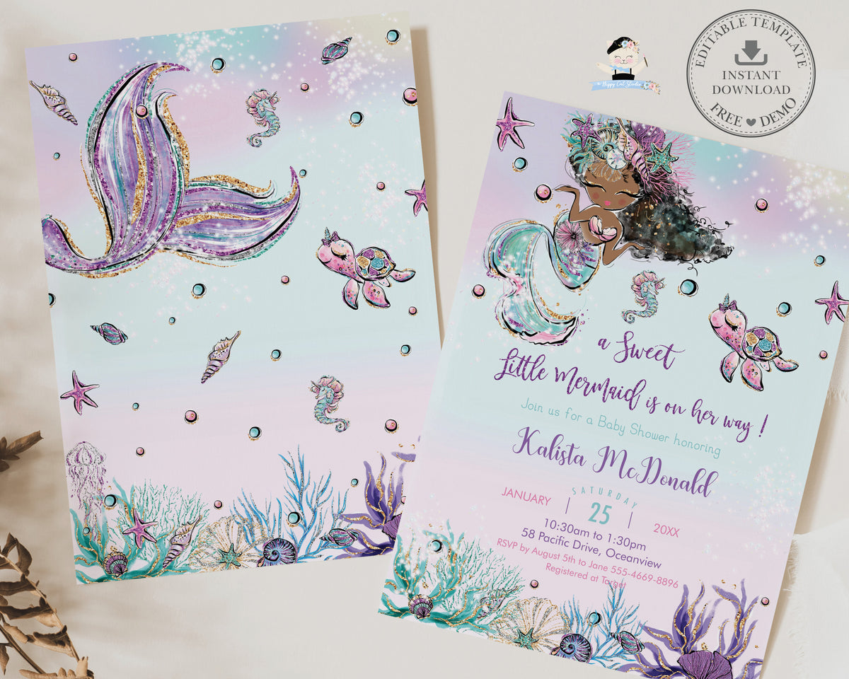 Mermaid Baby Shower Invitation Printable EDITABLE TEMPLATE Whimsical C ...