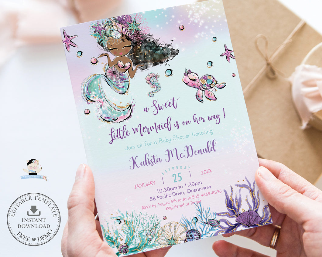 Mermaid Baby Shower Invitation Printable EDITABLE TEMPLATE Whimsical Chic African American Afro Brown Skin Under the Sea Diy INSTANT Download MT2