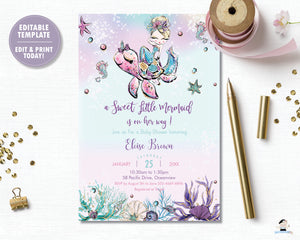 Whimsical Blonde Mermaid Baby Shower Invitation - Instant EDITABLE TEMPLATE Digital Printable File- MT2